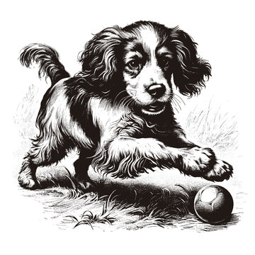 Cocker Spaniel playing with a ball. Hand Drawn Engraving Pen and Ink. Vector Isolated in White. Engraving vintage style illustration for print, tattoo, t-shirt, sticker