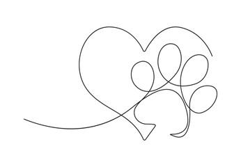 Heart with cat or dog paw in continuous single line drawing. Minimal line art. Animal footprint in heart. Vector illustration. Pro vector.  © aminul788