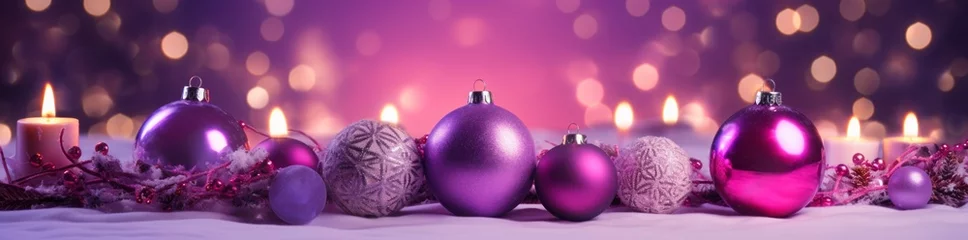 Foto op Canvas Bright purple Christmas scene with snow ground. Christmas ornaments pattern with caldles burning and blurred lights in  background. © Dragan