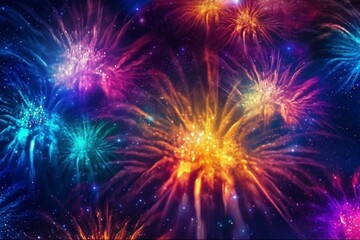 Colorful fireworks explode in a cosmic background, representing the beauty and speed of the universe. Neon glow stars twinkle in vibrant ultraviolet light of outer space. Generative AI