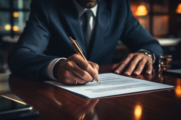 Action of a businessman is using a pen to signing on the document for contract agreement. Business working action scene.