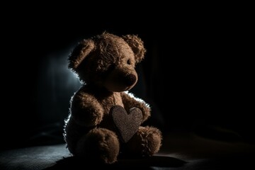A teddy bear cuddling a heart, surrounded by darkness and a hint of light in the background. Generative AI