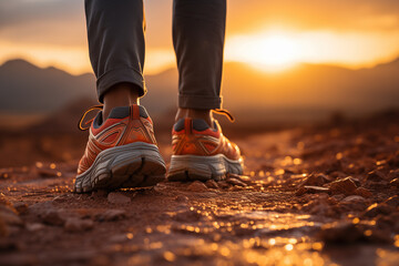 Close-up at the trail runner's feet during running on dirt terrain route with beautiful hill range with orange sunlight shade as background. Extreme sport activity scene. 