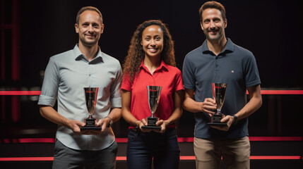 Manager and team with trophies certificates.