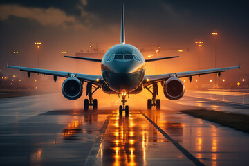 Front view of a large passenger airplane is landing on runway with orange burning sky as background. - obrazy, fototapety, plakaty