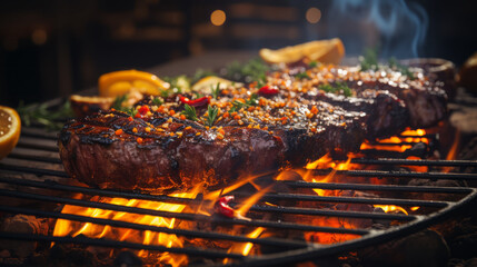 Grilled beef steaks with herbs and spices on a barbecue grill.	
