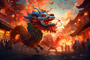 Asian dragon in oriental city ai generated art.  - obrazy, fototapety, plakaty