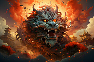 Scary chinese dragon ai generated art. - obrazy, fototapety, plakaty