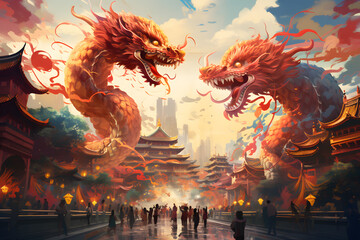 Two big dragon decoration in chinese city for new year ai generated art. - obrazy, fototapety, plakaty