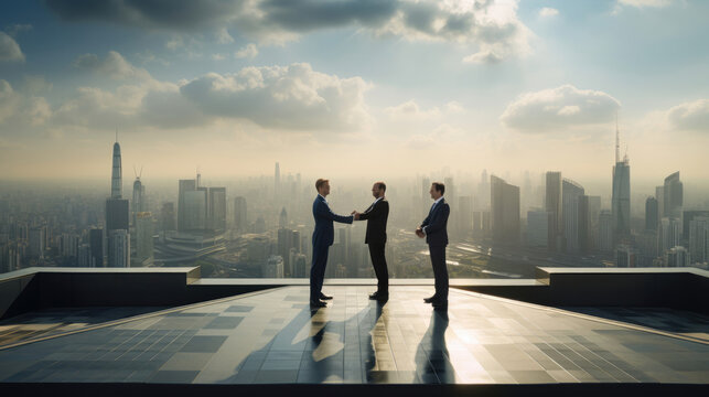 Colleagues on rooftop helipad exchanging high-fives receiving recognition plaques.