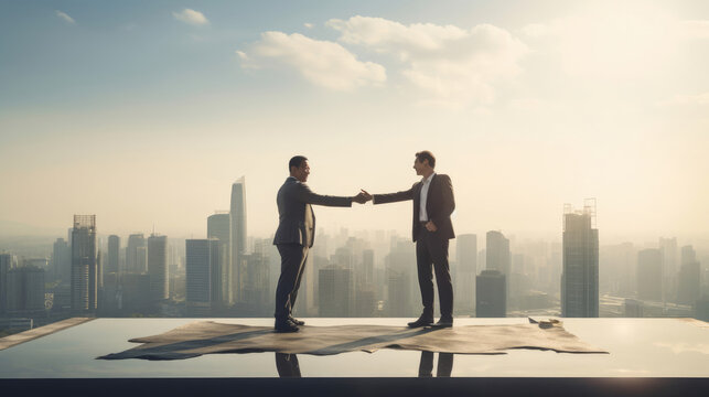 Colleagues on rooftop helipad exchanging high-fives receiving recognition plaques.