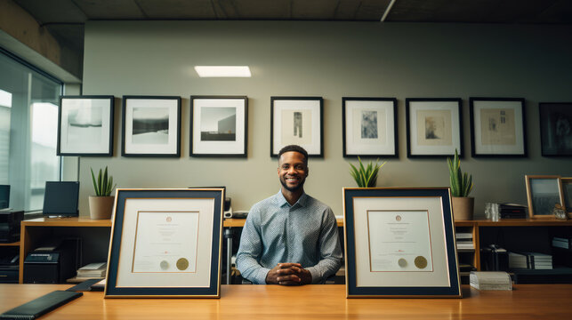 Solo employee in stylish office framed certificates of excellence.