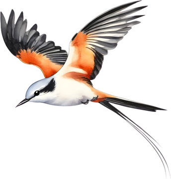 Watercolor paintings of colorful Scissor-tailed flycatcher birds.  