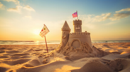 Friends build sandcastle at sunrise.