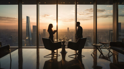 A CEO and a dedicated employee toast in a modern conference room with a skyline backdrop symbolizing a thriving partnership.