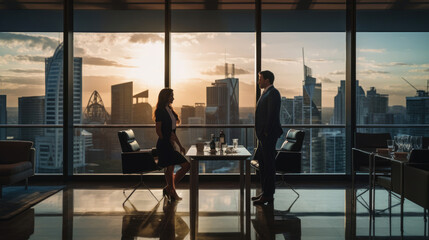 A CEO and a dedicated worker toast in a stylish conference room with floor-to-ceiling windows overlooking the cityscape - obrazy, fototapety, plakaty