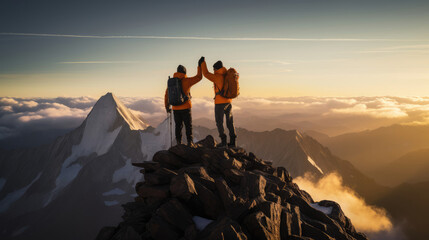 On the summit a pair of mountain climbers exchange a triumphant high-five