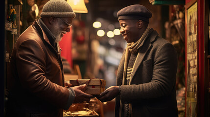 Mentor and protégé share a moment of mutual respect with a gift box as a token of appreciation for exceptional work. - obrazy, fototapety, plakaty