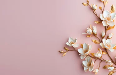 Zelfklevend Fotobehang Golden magnolia branches on elegant  pastel background. Wedding invitations, greeting cards, wallpaper, background, printing © An Amanita