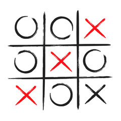 Tic tac toe xo game hand drawn grid doodle template vector illustration isolated on white background. Dirty grunge line tic tac toe game symbols. - obrazy, fototapety, plakaty