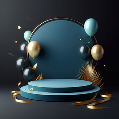 Luxury product podium mockup with blue and gold balloon AI Generative