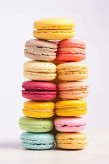 Multicolored macaroons lying on top of each other on the table
