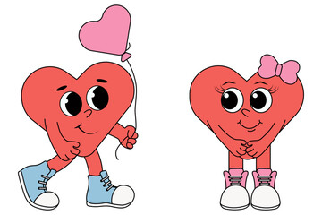 Obraz premium two cute characters in the shape of; hearts in the style of a groovy. Retro cyaracter