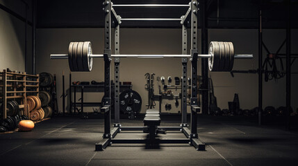 Power rack with loaded barbell in organized gym space. - obrazy, fototapety, plakaty