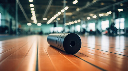 Close-up of foam roller on clean gym floor.