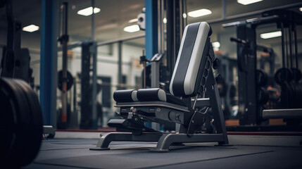 Fototapeta na wymiar Vertical leg press machine in spacious well-kept gym no individuals.