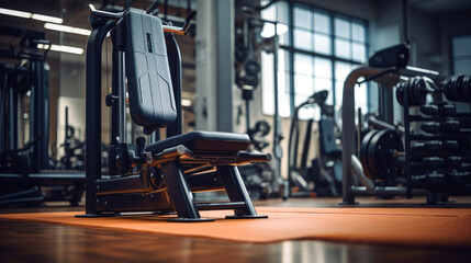 Obraz premium Vertical leg press machine in spacious well-kept gym no individuals.