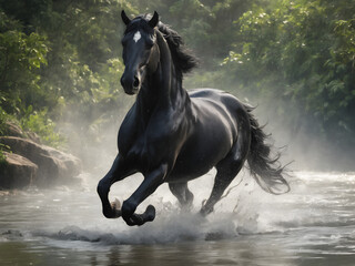 Obraz na płótnie Canvas Black horse runs gallop