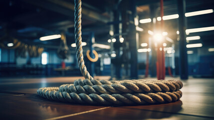 Climbing rope anchored securely to gym ceiling. - obrazy, fototapety, plakaty