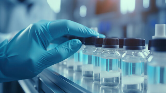 Precision in Healthcare: Gloved Hand Inspects Medical Vials Amidst the Buzz of the Pharmaceutical Production Line, Perfecting the Dance of Drug Bottle Creation.