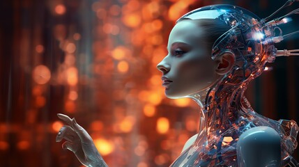 A smart and futuristic AI concept featuring a woman and a humanoid robot with a focus on artificial intelligence and technology.