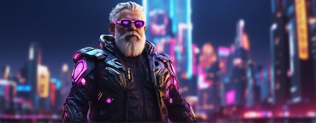A wide angle shot of a old bearded man in futuristic outfit standing in front of a blurred cyberpunk city panorama with bright neon lights.