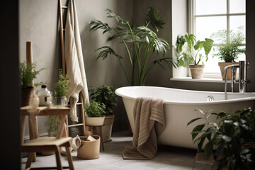Interior design of modern scandinavian bathroom with plants