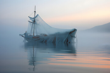 spectral ghost ship at foggy morning or evening. Neural network generated image. Not based on any actual person or scene. - obrazy, fototapety, plakaty