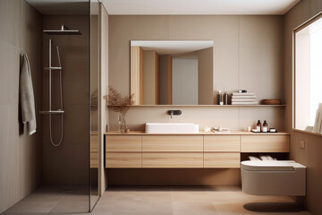 Interior design of modern scandinavian bathroom with plants