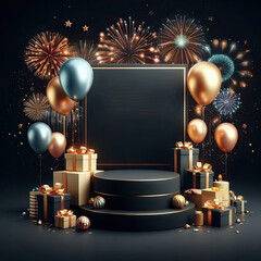 Luxury product podium mockup with blue and gold balloon and gift box AI Generative