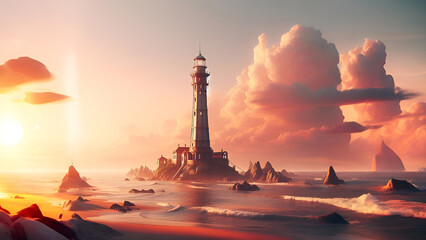 A tall lighthouse stands on a rocky island in the sea