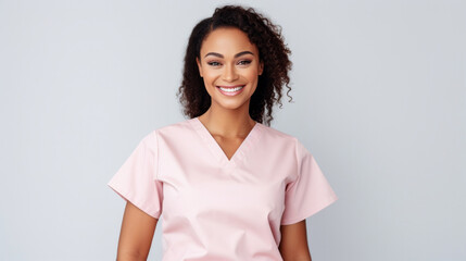 Friendly medical doctor or nurse in pink uniform scrubs on copyspace background.