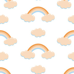 Cute kids pastel seamless pattern with childish simple clouds rainbow. Vector illustration for baby textiles, prints and decor.