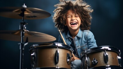 A joyful child is playing drums on a studio background with copy space. Creative banner for...