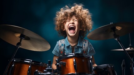 Fototapeta premium A joyful child is playing drums on a studio background with copy space. Creative banner for children's music school
