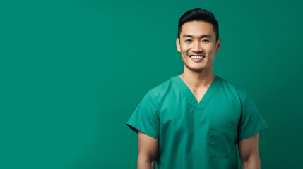 Friendly medical doctor or nurse in green uniform scrubs on copyspace background.