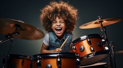 A joyful child is playing drums on a studio background with copy space. Creative banner for children's music school