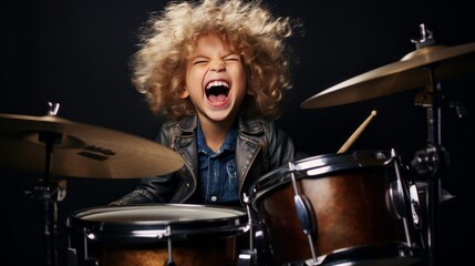 A joyful child is playing drums on a studio background with copy space. Creative banner for children's music school - obrazy, fototapety, plakaty