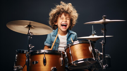Obraz na płótnie Canvas A joyful child is playing drums on a studio background with copy space. Creative banner for children's music school