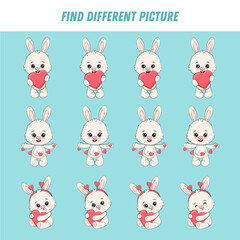 Find different bunny in each row. Logical game for kids. Cartoon cute rabbit with heart. 